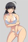  ahoge bad_id bad_nicoseiga_id between_legs bikini black_hair blush breast_hold breasts cleavage contrapposto elf hand_between_legs highres ijima_yuu large_breasts long_hair looking_at_viewer open_mouth original pointy_ears smile solo standing swimsuit tan white_bikini yellow_eyes 