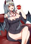  absurdres apple black_dress breasts cleavage couch crossed_legs demon_girl demon_horns demon_wings dress food fruit highres horns large_breasts legs long_hair looking_at_viewer md5_mismatch no_bra open_mouth original side_slit silver_hair sitting solo succubus suika_(atelier-yuu) thighs tiara wings yellow_eyes 