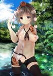  blue_eyes breasts brown_hair day hat highres light_smile looking_at_viewer mikagemaru_(mikage000) nature nipples one_breast_out outdoors partially_submerged partially_undressed pom_pom_(clothes) pussy see-through shameimaru_aya short_shorts shorts solo thighhighs tokin_hat touhou 