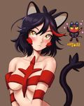  :&lt; :3 animal_ears antenna_hair armband bangs bare_shoulders between_breasts black_hair blush breasts brown_background cat_ears cat_tail closed_mouth collarbone color_connection cosplay costume_switch crossover eyelashes gen_7_pokemon hair_between_eyes hands_on_hips kemonomimi_mode kill_la_kill kkangdid korean litten litten_(cosplay) matoi_ryuuko matoi_ryuuko_(cosplay) medium_breasts multicolored_hair pokemon pokemon_(creature) pokemon_(game) pokemon_sm red_hair revealing_clothes senketsu short_hair simple_background sketch sparkle sticker strapless streaked_hair tail underboob upper_body yellow_eyes yellow_sclera 
