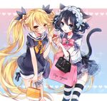  :d animal_ears bag bell black_hair blonde_hair blue_eyes blush cake cat_ears cat_tail cyan_(show_by_rock!!) food glasses hair_ribbon heart leg_garter long_hair multiple_girls open_mouth retoree ribbon school_uniform serafuku shimogu short_hair short_sleeves show_by_rock!! skirt smile striped striped_legwear tail thighhighs twintails very_long_hair yellow_eyes zettai_ryouiki 