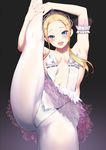  :d aida_takanobu armpits arms_up ballerina blonde_hair blue_eyes blush breasts character_request dancing gradient gradient_background head_tilt highres leg_up long_hair looking_at_viewer navel open_mouth original pantyhose sideboob sidelocks simple_background skirt small_breasts smile solo tiara white_legwear 