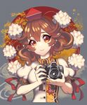  bad_id bad_pixiv_id brown_eyes brown_hair camera cheong_ha grey_background hat holding holding_camera looking_at_viewer pointy_ears pom_pom_(clothes) puffy_short_sleeves puffy_sleeves shameimaru_aya short_sleeves smile solo tokin_hat touhou upper_body 