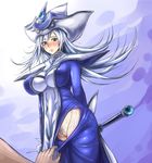  blue_eyes blush breasts clitoris dress embarrassed female hat highres large_breasts long_hair mound_of_venus pubic_hair pussy shoulder_pads silent_magician solo staff sukumo_(kemutai) sweat uncensored yu-gi-oh! 