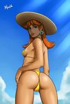  ass bikini blue_eyes bra breasts cloud earrings from_behind from_below hat jewelry long_hair nintendo orange_hair princess_daisy ramiro_de_la_cruz sideboob smile solo super_mario_bros. super_mario_land thong 