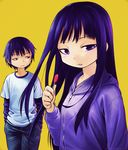  1girl blue_hair candy food high_score_girl highres hood hoodie long_hair mcenroe oono_akira purple_eyes short_hair yaguchi_haruo 