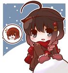  ahoge bloom2425 blue_eyes blush braid brown_hair chibi coat hair_flaps hairband kantai_collection orange_hairband red_scarf remodel_(kantai_collection) scarf shigure_(kantai_collection) shiratsuyu_(kantai_collection) single_braid snow winter_clothes winter_coat 