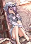  arm_support barefoot black_panties blue_ribbon book bookshelf breasts capelet crescent crescent_hair_ornament dress frilled_dress frilled_sleeves frills hair_ornament hat hat_ribbon indoors long_hair looking_at_viewer medium_breasts mob_cap panties patchouli_knowledge purple_eyes purple_hair red_ribbon ribbon sitting solo striped striped_dress thighs touhou underwear yukishiro_arute 