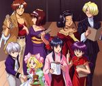  belt black_hair blonde_hair braid breasts brown_hair china_dress chinese_clothes cleavage closed_eyes collarbone dress fujishima_kousuke glasses hair_ornament hair_over_one_eye hair_ribbon hairband hand_on_another's_head highres holding holding_hands index_finger_raised indoors iris_chateaubriand japanese_clothes jean-paul jewelry kanzaki_sumire kimono kirishima_kanna leni_milchstrasse long_hair maria_tachibana medium_breasts mole mole_under_eye multiple_girls necklace open_mouth pink_ribbon purple_hair ri_kouran ribbon sakura_taisen shinguuji_sakura short_hair silver_hair soletta_orihime stuffed_animal stuffed_toy teddy_bear 