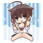  ahoge bikini black_bikini_top bloom2425 blue_eyes blush_stickers brown_hair chibi hair_flaps hair_ornament kantai_collection looking_at_viewer navel open_mouth remodel_(kantai_collection) shigure_(kantai_collection) solo swimsuit 