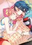  1girl blonde_hair blue_hair bracelet closed_eyes forehead_kiss freyja_wion hair_ornament hairclip hayate_immelmann hetero hood hoodie jewelry kadaka_(9m) kiss macross macross_delta multicolored_hair open_mouth sleeping tank_top 