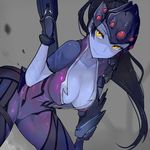  blue_skin bodysuit breasts center_opening cleavage gun head_mounted_display large_breasts long_hair looking_at_viewer overwatch pink_bodysuit ponytail purple_hair smile solo walzrj weapon widowmaker_(overwatch) yellow_eyes 