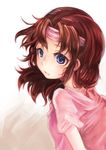  blue_eyes brown_hair female headband hokuto_no_ken lynn open_mouth pink_shirt ruu_bot solo 