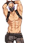  arms_up blue_eyes cowboy_shot highres looking_at_viewer male_focus muscle navel nipples overwatch scar shirtless simple_background soldier:_76_(overwatch) solo torn_clothes white_hair won_jade 