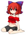  adapted_costume bandaged_neck bare_shoulders barefoot bike_shorts blush bow collarbone commentary contemporary crop_top full_body groin hair_bow highres katsumi5o looking_at_viewer midriff navel off_shoulder purple_bow red_eyes red_hair sekibanki short_hair sitting solo touhou wariza white_background 