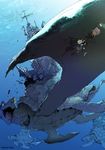  anglerfish animal artist_name city colorized commentary cross demizu_posuka highres island_turtle monster open_mouth original oversized_animal pleated_skirt reflection shadow skirt steeple turtle underwater 