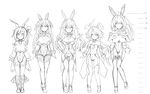  ahoge animal_ears bare_shoulders black_heart bow bowtie braid breasts bunny_ears bunny_girl bunnysuit choujigen_game_neptune cleavage detached_collar fake_animal_ears gene_(gear_gene) green_heart greyscale hair_ornament highres large_breasts leotard lineup long_hair looking_at_viewer monochrome multiple_girls neptune_(series) ponytail purple_heart red_(choujigen_game_neptune) short_hair_with_long_locks sketch twin_braids very_long_hair white_background white_heart wrist_cuffs 
