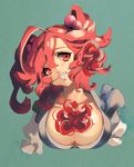  bad_id bad_pixiv_id between_breasts breasts cheong_ha cleavage flower flower_in_mouth green_background hair_bobbles hair_ornament large_breasts mouth_hold onozuka_komachi red_eyes red_hair silk solo spider_lily touhou two_side_up 