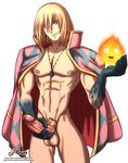  1boy abs blonde_hair blue_eyes erection fire howl_(howl_no_ugoku_shiro) howl_no_ugoku_shiro looking_at_viewer male_focus masturbation muscle nipples nude pecs penis smile solo studio_ghibli uncensored 