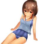  boruhis brown_eyes brown_hair i-401_(kantai_collection) kantai_collection looking_at_viewer ponytail sailor_collar school_swimsuit see-through short_ponytail simple_background sitting smile solo swimsuit swimsuit_under_clothes tan tanline wet wet_clothes white_background 
