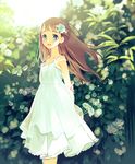  :d absurdres arms_behind_back blush brown_hair collarbone dress flower green_eyes hair_flower hair_ornament highres kokabu looking_at_viewer open_mouth original outdoors sleeveless sleeveless_dress smile solo standing white_dress wind 