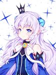  band-width blue_eyes blue_sleeves bow brooch cowboy_shot crown demon_power_(elsword) detached_sleeves elsword jewelry long_hair looking_at_viewer luciela_r._sourcream mini_crown smile solo white_background white_bow white_hair 