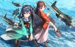  aircraft airplane blue_hair boots bow_(weapon) brown_eyes brown_hair doraxi japanese_clothes kamikaze_(kantai_collection) kantai_collection long_hair meiji_schoolgirl_uniform multiple_girls red_eyes ryuuhou_(kantai_collection) taigei_(kantai_collection) weapon 