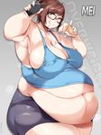  armpits artist_name breasts brown_eyes brown_hair fat food glasses huge_breasts ice_cream inverted_nipples kawaisou mei_(overwatch) overwatch shiny_hair shiny_skin solo 
