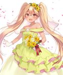  :d bare_shoulders blonde_hair blush bouquet brown_eyes dark_skin dress flower fukahire_(ruinon) glasses gloves green_dress hair_flower hair_ornament holding holding_bouquet jewelry long_hair necklace off_shoulder open_mouth pearl_necklace petals retoree rimless_eyewear show_by_rock!! smile solo twintails veil very_long_hair white_background white_gloves 