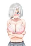  black_legwear blue_eyes breast_hold breasts cleavage closed_mouth collarbone hair_ornament hair_over_one_eye hairclip hamakaze_(kantai_collection) hand_on_breast hand_on_own_arm holding_arm kantai_collection kurokku large_breasts looking_at_viewer nail_polish no_shirt pantyhose pink_nails pleated_skirt ribbon-trimmed_bra shade short_hair silver_hair simple_background skirt smile solo upper_body white_background 