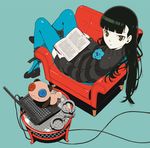  black_footwear black_hair black_sweater blue_background blue_legwear book button_eyes cable chair computer cuffs dress from_above full_body handcuffs holding holding_book laptop long_hair lying mizunoto_kanae on_back open_book parted_lips sasa_kazamori shadow shoes simple_background sitting solo striped striped_sweater sweater sweater_dress table thighhighs un-go yellow_eyes 