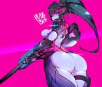  ass blue_hair breasts head_mounted_display large_breasts long_hair overwatch pink_background ponytail simple_background slugbox solo thighs widowmaker_(overwatch) 
