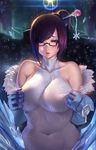  adjusting_clothes aurora bangs bare_shoulders beads black-framed_eyewear black_hair blue_gloves blue_hair blush breasts collarbone covered_navel eyelashes fur_trim glasses gloves groin gtunver hair_bun hair_ornament hair_stick highres ice large_breasts lens_flare logo looking_away looking_down mei_(overwatch) multicolored_hair night night_sky overwatch parted_lips purple_eyes purple_hair semi-rimless_eyewear short_hair skin_tight sky sleeveless snowflakes snowing solo sphere squiggle streaked_hair swept_bangs under-rim_eyewear upper_body 