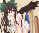  arm_cannon bare_shoulders bent_over black_hair black_wings bottomless breasts cape hair_censor hair_ribbon highres large_breasts long_hair long_sleeves looking_to_the_side moai21 navel no_bra no_panties off_shoulder open_clothes open_shirt red_eyes reiuji_utsuho ribbon shirt solo squiggle third_eye touhou weapon wings 