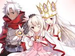  2girls ;d armor bare_shoulders belt black_gloves blush commentary_request crown dark_skin dark_skinned_male dress dress_of_heaven emiya_kiritsugu emiya_kiritsugu_(assassin) family fate/grand_order fate/kaleid_liner_prisma_illya fate_(series) father_and_daughter feathers gloves hair_feathers hand_on_another's_head holding holding_wand husband_and_wife illyasviel_von_einzbern irisviel_von_einzbern irisviel_von_einzbern_(caster) kaleidostick long_hair magical_girl magical_ruby mother_and_daughter multiple_girls one_eye_closed open_mouth prisma_illya red_eyes silver_hair smile tsuedzu wand white_gloves white_hair 
