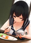  agano_(kantai_collection) backlighting bangs black_hair blouse bowl breasts chopsticks cleavage collarbone dish dutch_angle eating egg_yolk eyebrows eyebrows_visible_through_hair eyelashes food fried_egg green_eyes holding holding_bowl indoors kantai_collection large_breasts looking_down rice school_uniform serafuku sleeveless solo suginoji sunny_side_up_egg table uneven_eyes upper_body vegetable white_blouse window 