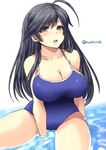  ahoge bare_shoulders between_legs black_hair blue_eyes blush breasts collarbone competition_school_swimsuit covered_navel girls_und_panzer hand_between_legs isuzu_hana large_breasts long_hair looking_at_viewer one-piece_swimsuit open_mouth school_swimsuit shinshin sitting smile solo swimsuit twitter_username 