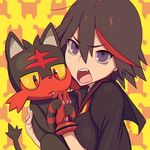  black_hair blush cat crossover gen_7_pokemon gloves kill_la_kill licking litten matoi_ryuuko multicolored_hair open_mouth pokemon pokemon_(creature) purple_eyes rangsiwut_sangwatsharakul senketsu single_glove streaked_hair 