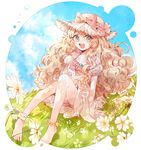  anklet arm_support bad_id bad_pixiv_id barefoot blonde_hair blue_eyes dress flower grass hat hat_flower hat_ribbon jewelry jikgu long_hair open_mouth ribbon sitting solo very_long_hair wavy_hair 