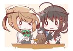  2girls ahoge arm_warmers black_gloves black_serafuku bloom2425 braid brown_hair chibi commentary_request double_bun gloves hair_ornament hair_over_shoulder hair_ribbon kantai_collection long_hair michishio_(kantai_collection) multiple_girls one_eye_closed pop-up_pirate red_ribbon remodel_(kantai_collection) ribbon school_uniform serafuku shigure_(kantai_collection) short_hair short_sleeves single_braid translation_request tress_ribbon twitter_username wavy_mouth yamashiro_(kantai_collection) 