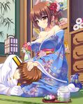  1girl admiral_(kantai_collection) alternate_costume bag bamboo bangs bare_shoulders beads blue_ribbon blush book bookshelf breasts brown_eyes brown_hair camellia cleavage closed_eyes closed_mouth cloud_print covered_eyes cup dango drawer drawstring_bag eyebrows eyebrows_visible_through_hair floral_print flower food glass gloves green_tea hair_between_eyes hair_ornament hair_over_eyes hair_ribbon hand_on_another's_head hetero highres indoors ink_wash_painting japanese_clothes kaga_(kantai_collection) kantai_collection kanzashi kimono kinchaku lantern lap_pillow large_breasts leaf long_hair long_sleeves looking_at_another looking_at_viewer military military_uniform naval_uniform no_shoes obi off_shoulder pink_flower plate pouch red_flower ribbon sanshoku_dango sash scroll side_ponytail signature sitting smile steam tabi tatami tea tonchan tray uniform vase wagashi wall wariza white_gloves wide_sleeves yellow_eyes yunomi 