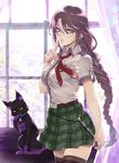  black_legwear blue_eyes braid brown_hair cat celine_(sen_no_kiseki) cowboy_shot eiyuu_densetsu emma_millstein finger_to_mouth glasses green_skirt highres isa_(peien516) long_hair looking_at_viewer necktie plaid plaid_skirt red_neckwear school_uniform sen_no_kiseki shirt skirt thighhighs very_long_hair white_shirt 