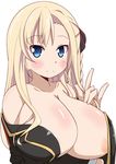  \m/ areola_slip areolae blonde_hair blue_eyes blush braid breasts cleavage high_school_fleet highres huge_breasts long_hair naruse_mai simple_background smile solo white_background wilhelmina_braunschweig_ingenohl_friedeburg 