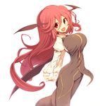  :d alternate_costume arms_behind_back bad_anatomy bat_wings black_pants black_vest blush breasts collared_shirt demon_girl eyebrows eyebrows_visible_through_hair feet_out_of_frame hair_between_eyes head_wings juliet_sleeves koakuma kuresento large_breasts long_hair long_sleeves looking_at_viewer open_mouth pants puffy_sleeves red_eyes red_hair shirt simple_background smile solo stretch succubus touhou very_long_hair vest white_background white_shirt wing_collar wings 
