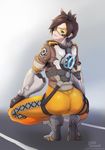  ass biting bodysuit brown_hair cameltoe from_behind goggles highres jacket leslyzerosix lip_biting looking_back orange_bodysuit overwatch short_hair skin_tight solo spiked_hair squatting tracer_(overwatch) 