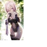  breasts cleavage cleavage_cutout commentary craft_essence elbow_gloves fate/grand_order fate_(series) forest gloves hair_over_one_eye large_breasts leaning_forward leotard looking_at_viewer mash_kyrielight nature navel navel_cutout official_art pink_hair purple_eyes shinooji short_hair smile solo sweat thigh_gap thigh_strap thighhighs towel tree 