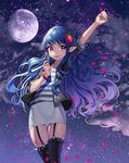  absurdres bad_id bad_pixiv_id black_jacket blue_hair blush bracelet buttons closed_mouth collarbone cowboy_shot doyoom food_themed_hair_ornament garter_straps glint gradient_hair hair_ornament highres horizontal_stripes jacket jewelry lips long_hair looking_at_viewer moon multicolored_hair night night_sky open_clothes open_jacket pearl_bracelet petals pink_eyes pink_hair pink_lips pointy_ears raised_fist rose_petals shirt short_sleeves sky sleeve_cuffs smile solo spikes standing star_(sky) starry_sky strawberry_hair_ornament striped thigh_gap thighhighs unbuttoned very_long_hair white_shirt zettai_ryouiki 
