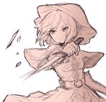  attack belt dagger djeeta_(granblue_fantasy) dress elbow_gloves frown gloves granblue_fantasy hermit_(granblue_fantasy) holding hood sherad short_hair simple_background solo weapon white_background 