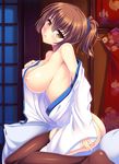  arm_at_side ass bangs between_legs blush bottomless breasts brown_eyes brown_hair brown_legwear closed_eyes covered_nipples eyebrows eyebrows_visible_through_hair floral_print from_side hair_between_eyes hand_on_breast head_tilt highres indoors japanese_clothes kaga_(kantai_collection) kantai_collection kikumon large_breasts long_hair long_sleeves looking_at_viewer loose_clothes night nipples no_shoes off_shoulder open_clothes pillow sakuramon see-through shade shiny shiny_skin side_ponytail sitting sliding_doors solo thighhighs tonchan wariza wide_sleeves yellow_eyes 