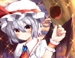  bat_wings blue_hair blush cup drinking_glass fang hat meuneyu pointy_ears red_eyes remilia_scarlet short_hair smile solo touhou wine_glass wings wrist_cuffs 